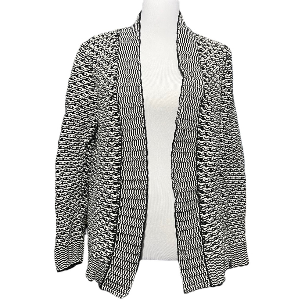 Talbots Women’s Cardigan Sweater Size Medium Chunky Knit Black White Open Front